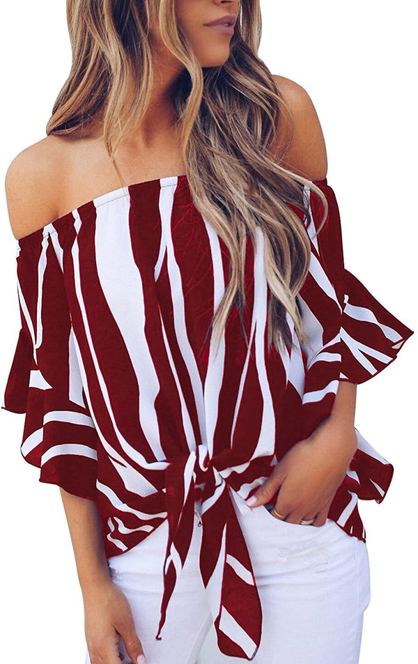 Asvivid Womens Striped Printed Off The Shoulder Tops